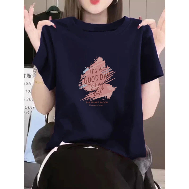 藏青色正肩圆领短袖t恤女2025新款时尚宽松休闲显瘦上衣夏季潮流