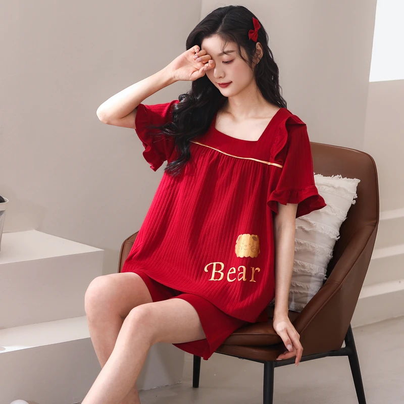小个子睡衣女夏季纯棉短袖短裤2025年本命年公主风红色家居服套装