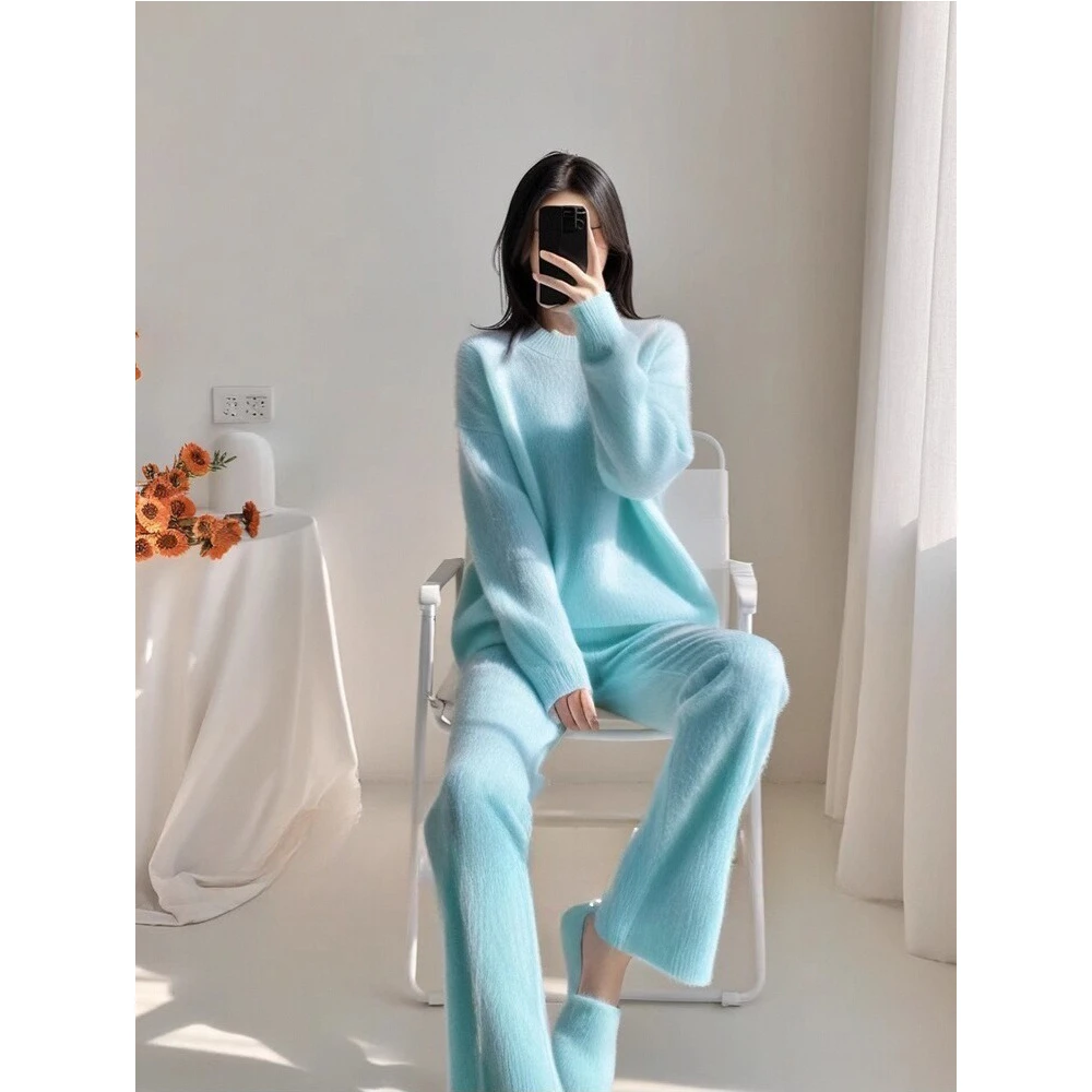 2024冬季超好看独特漂亮套装韩系慵懒风湖蓝色毛衣休闲长裤两件套