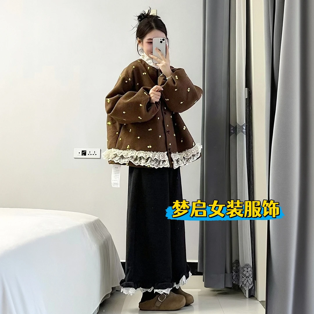 2025秋冬新款韩系甜美花边拼接刺绣加厚毛呢外套搭配阔腿裤两件套