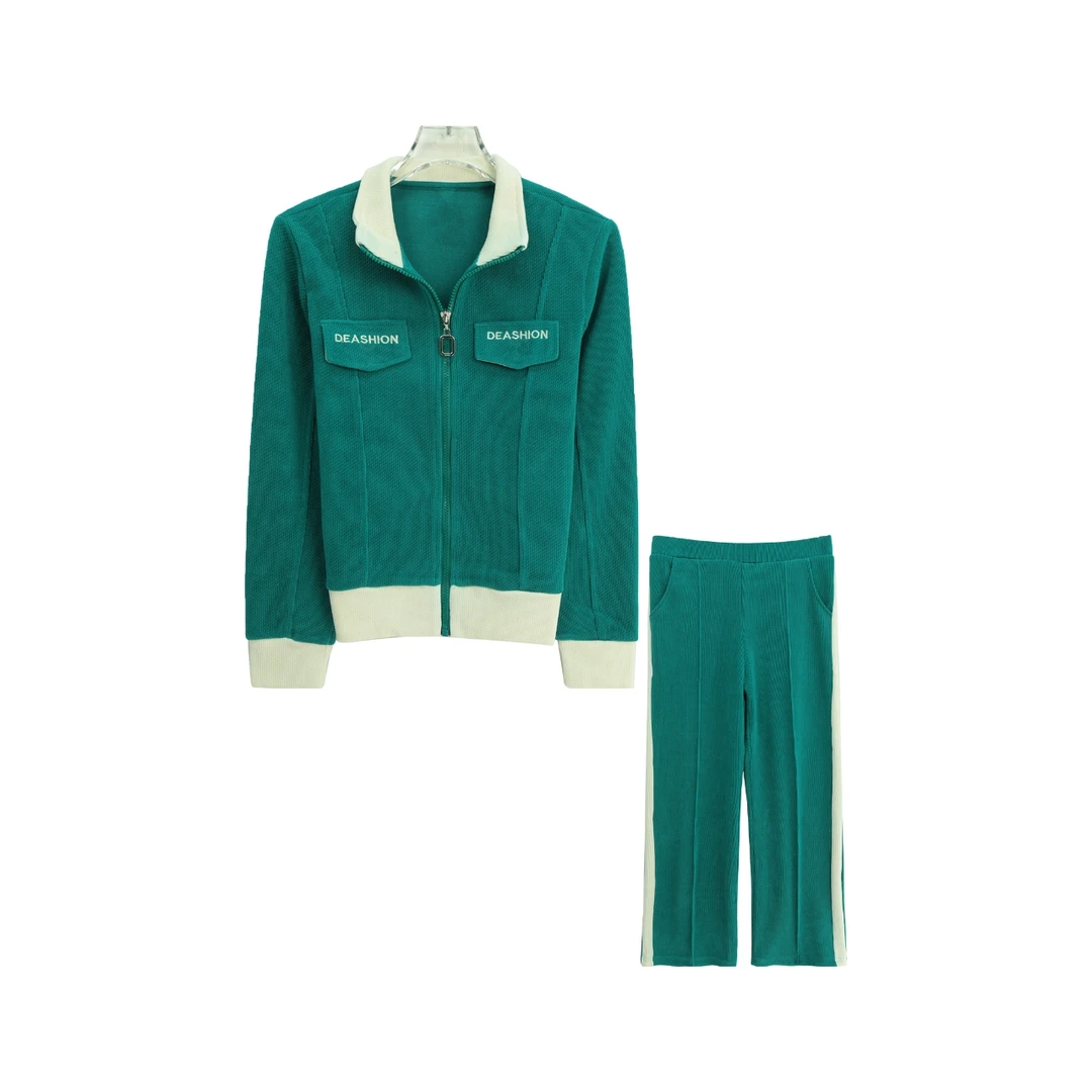 翻领撞色条纹拉链上衣休闲直筒长裤套装S3709