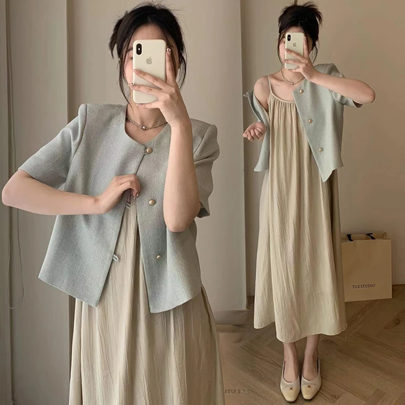 孕妇连衣裙秋装套装2025新款上衣小香风短袖背心吊带裙长裙两件套