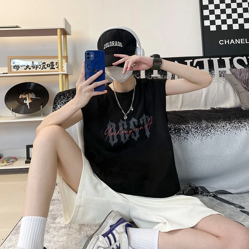 男士圆领运动背心美式字母印花夏季无袖宽松休闲高街大码透气街头