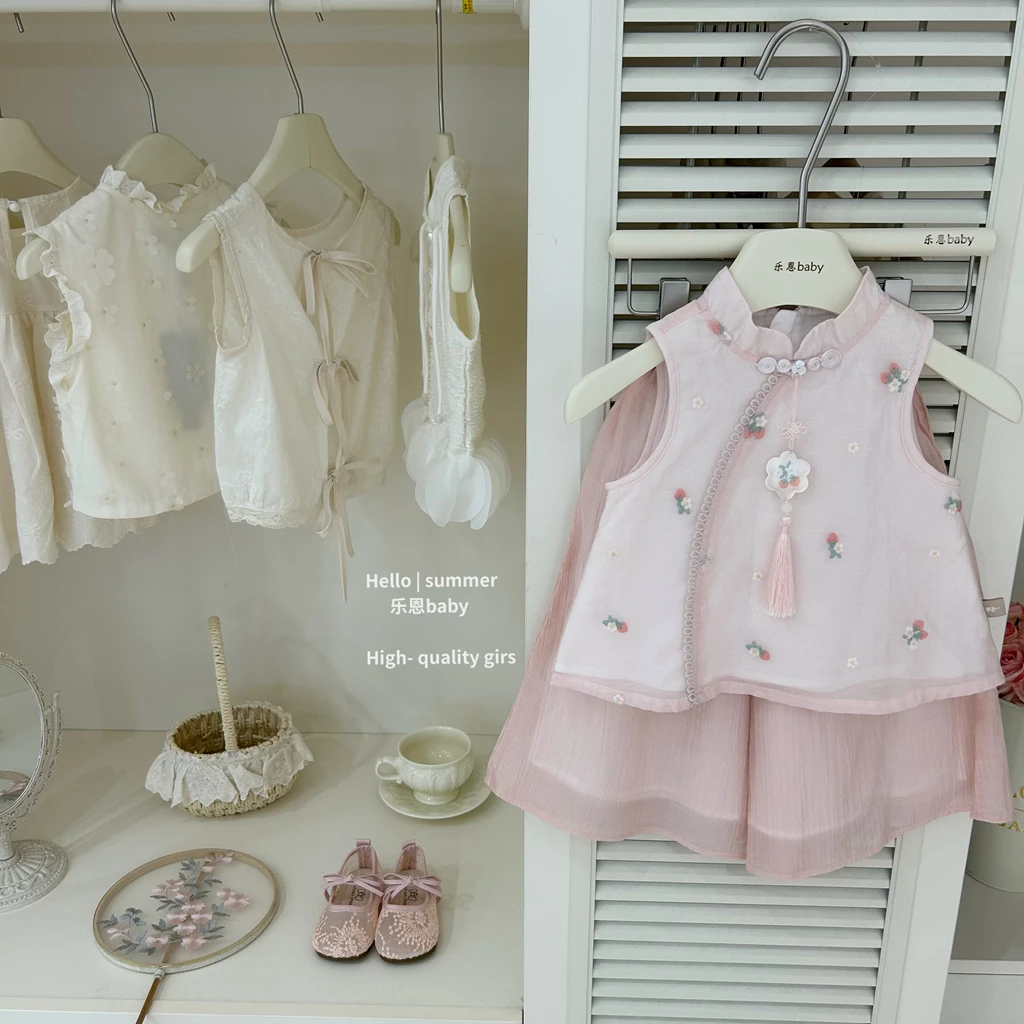 现【乐恩童装】原创高定女童夏季新款粉色国风上衣新中式阔腿裤套装