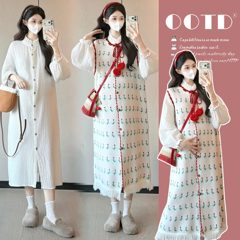 孕妇秋冬装2025新款时尚气质小花流苏马甲连衣裙白色中长款衬衫裙