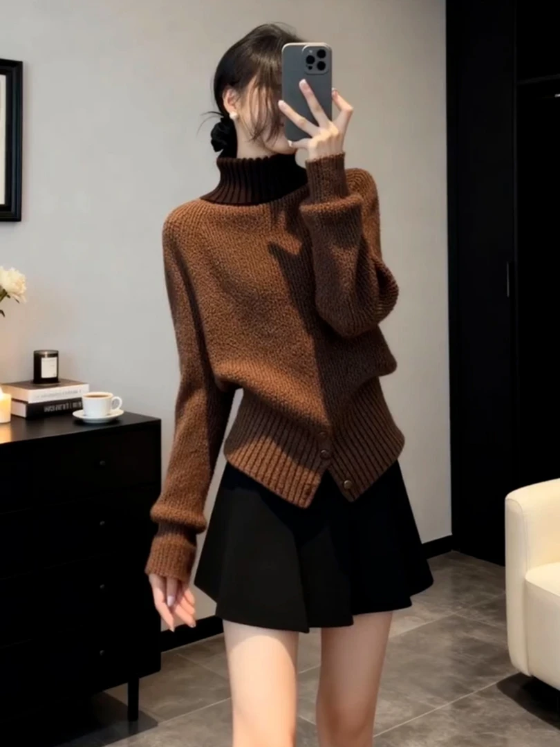 冬季韩里韩气上衣别致独特超好看洋气减龄漂亮高级感咖色针织毛衣