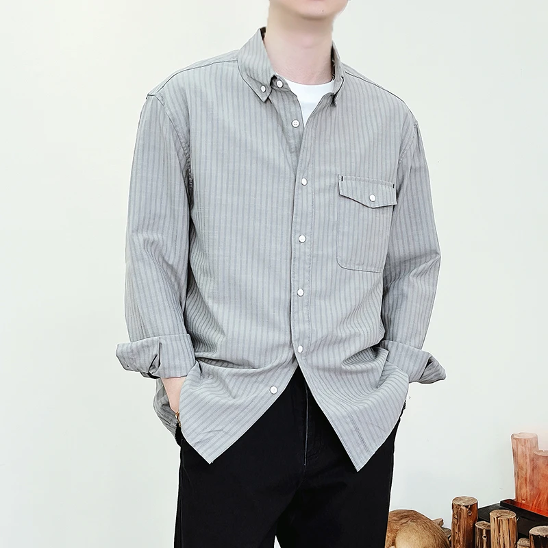 条纹衬衫男装高级感推荐夏季新款男士休闲长袖衬衣宽松百搭上衣潮