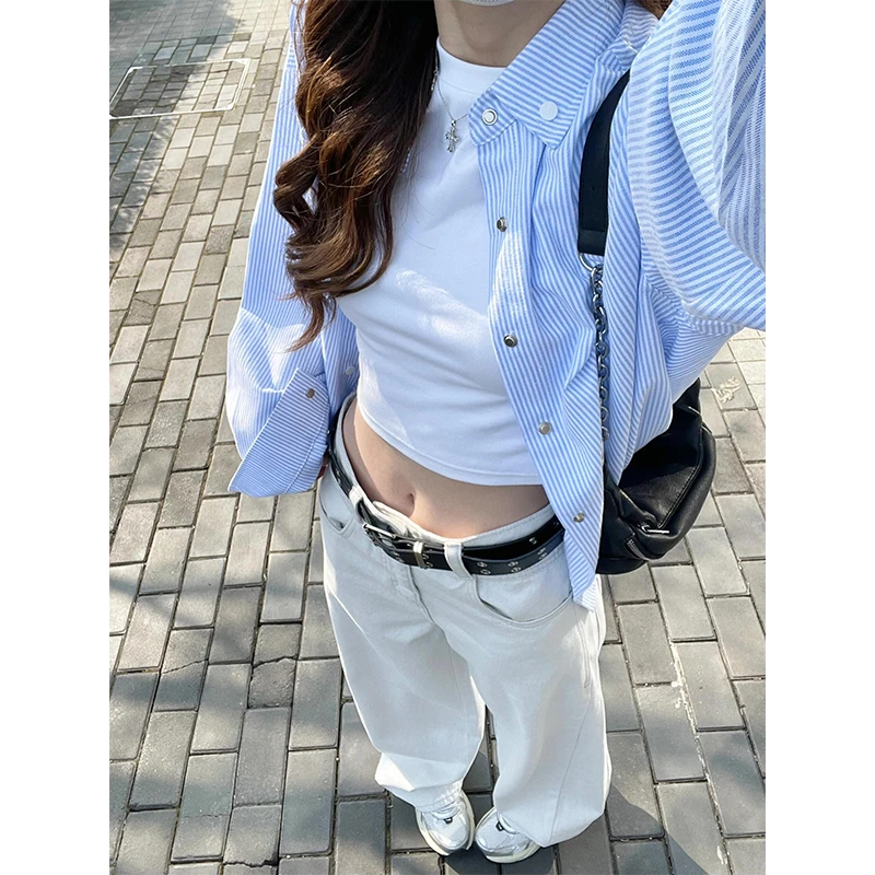 2025新款女士早春季时尚穿搭休闲条纹长袖衬衫外套高腰宽松阔腿裤