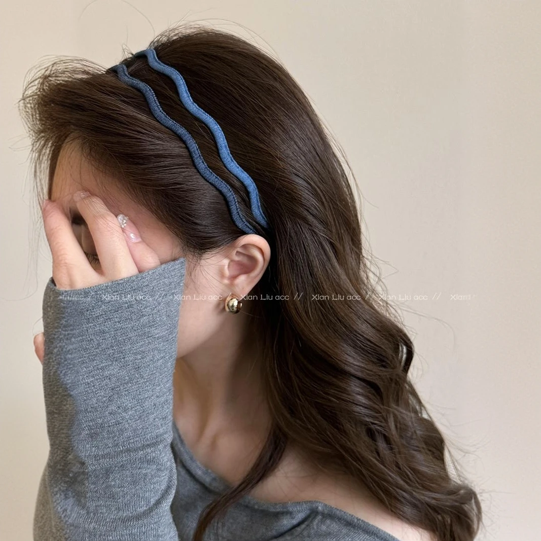 韩国极细牛仔布波浪发箍女简约气质百搭压发卡新款高级感洋气时尚