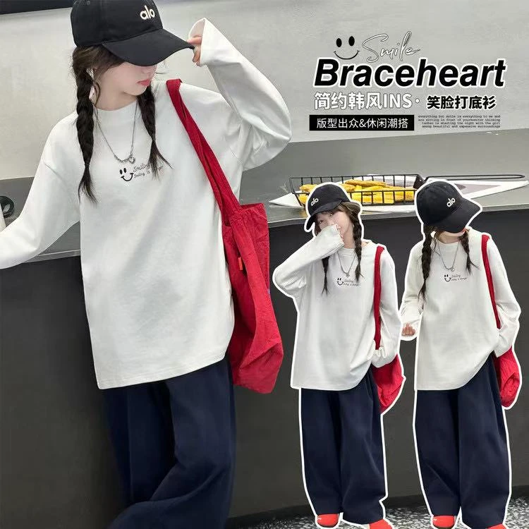 女童打底衫春秋新款2025韩版中大儿童长袖T恤休闲白色卫衣外穿潮t