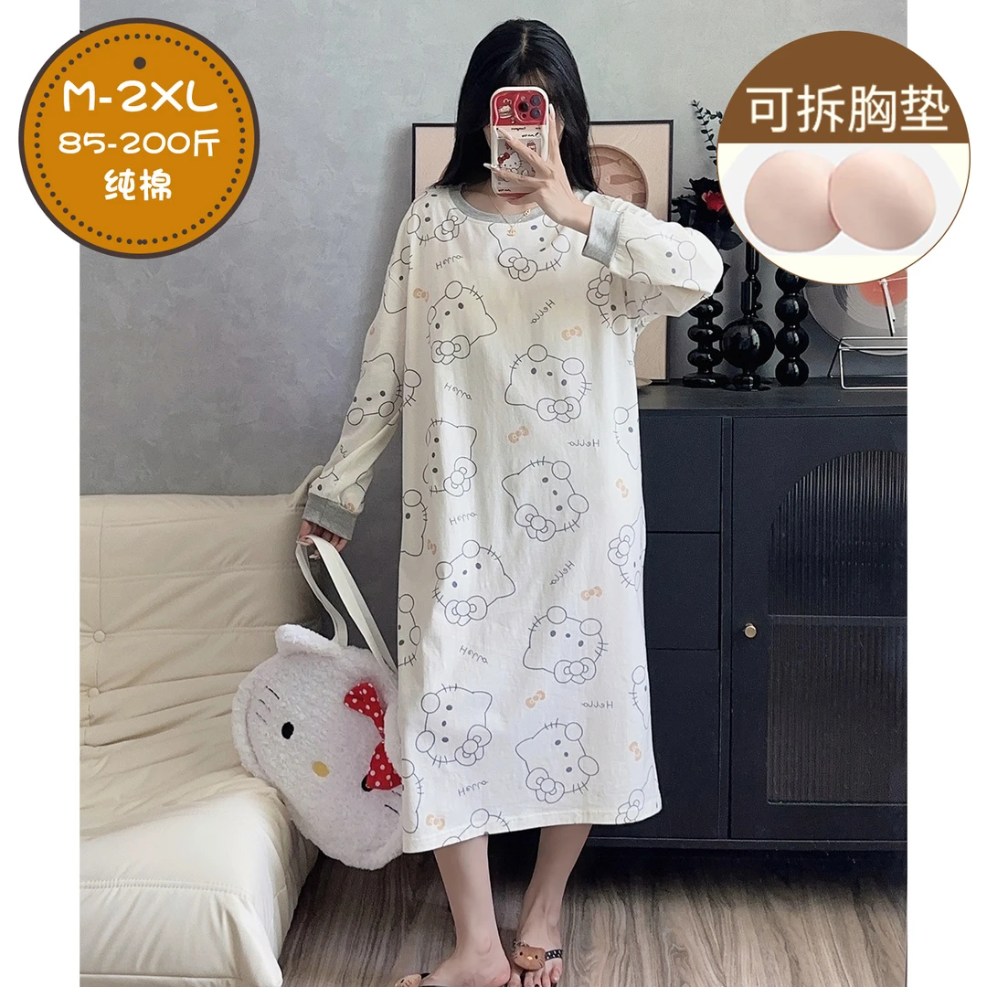 大码睡裙女带胸垫长袖纯棉2025新款春秋季可爱卡通少女睡衣家居服