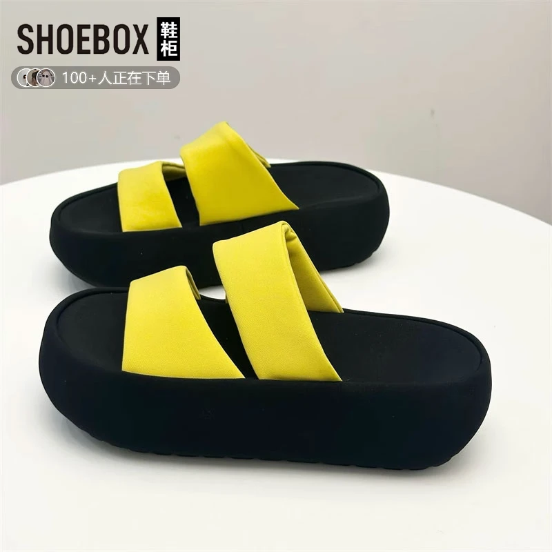 SHOEBOX鞋柜爆款帆布休闲拖鞋女2025夏季新款一字拖沙滩厚底拖鞋