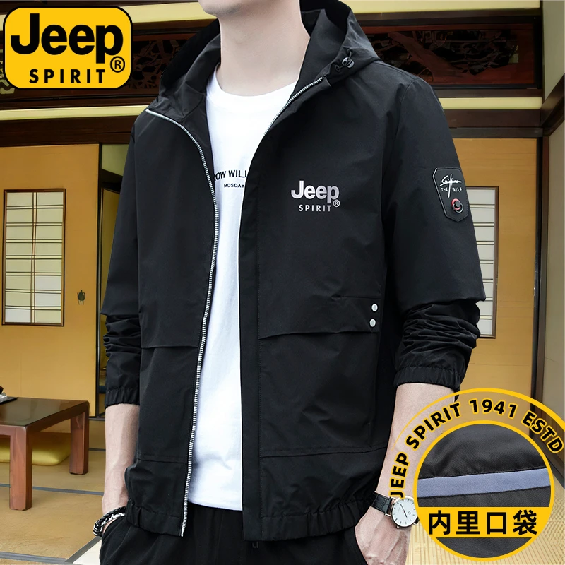 JEEPSPIRIT连帽夹克男士春秋季薄款上衣w9Nm韩版休闲飞行员茄克衫