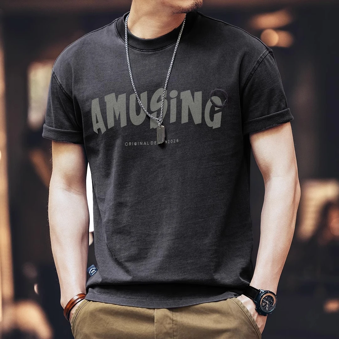 美式硬汉复古做旧短袖t恤男夏季潮流宽松休闲圆领纯棉半袖体恤衫T