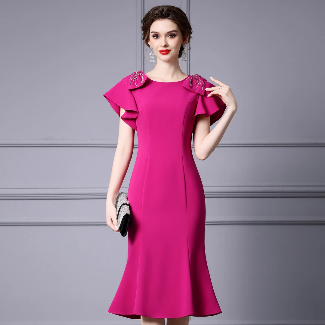 枝荔玫红色钉钻礼服连衣裙高端品牌荷叶袖包臀鱼尾裙2025夏季新款