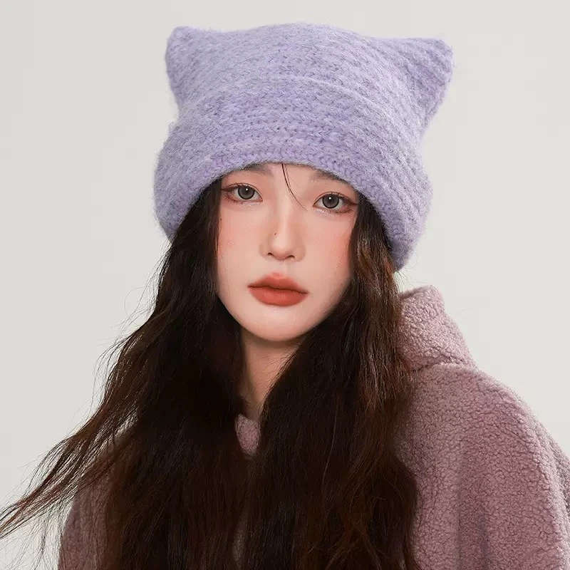 ｜kaka matata｜小众猫咪耳朵条纹带绳毛线针织帽