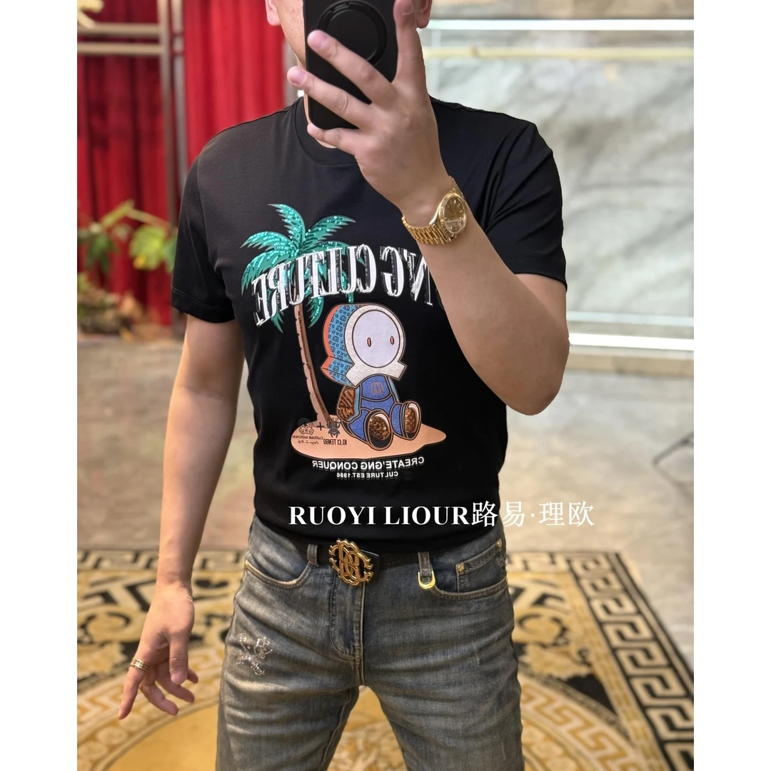 【路易理欧】2025欧货男装时尚椰子树字母小人百搭圆领休闲T恤0071