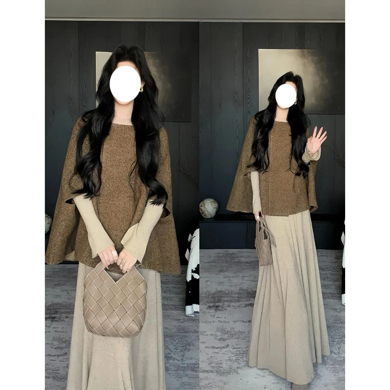 千金风韩系高级感棕色斗篷外套搭修身显瘦针织连衣裙女两件套装潮