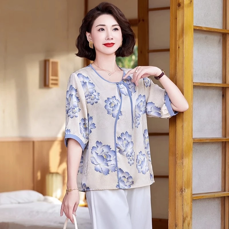 中年妈妈夏装国风短袖T恤上衣服套装2025新款洋气小衫时尚两件套