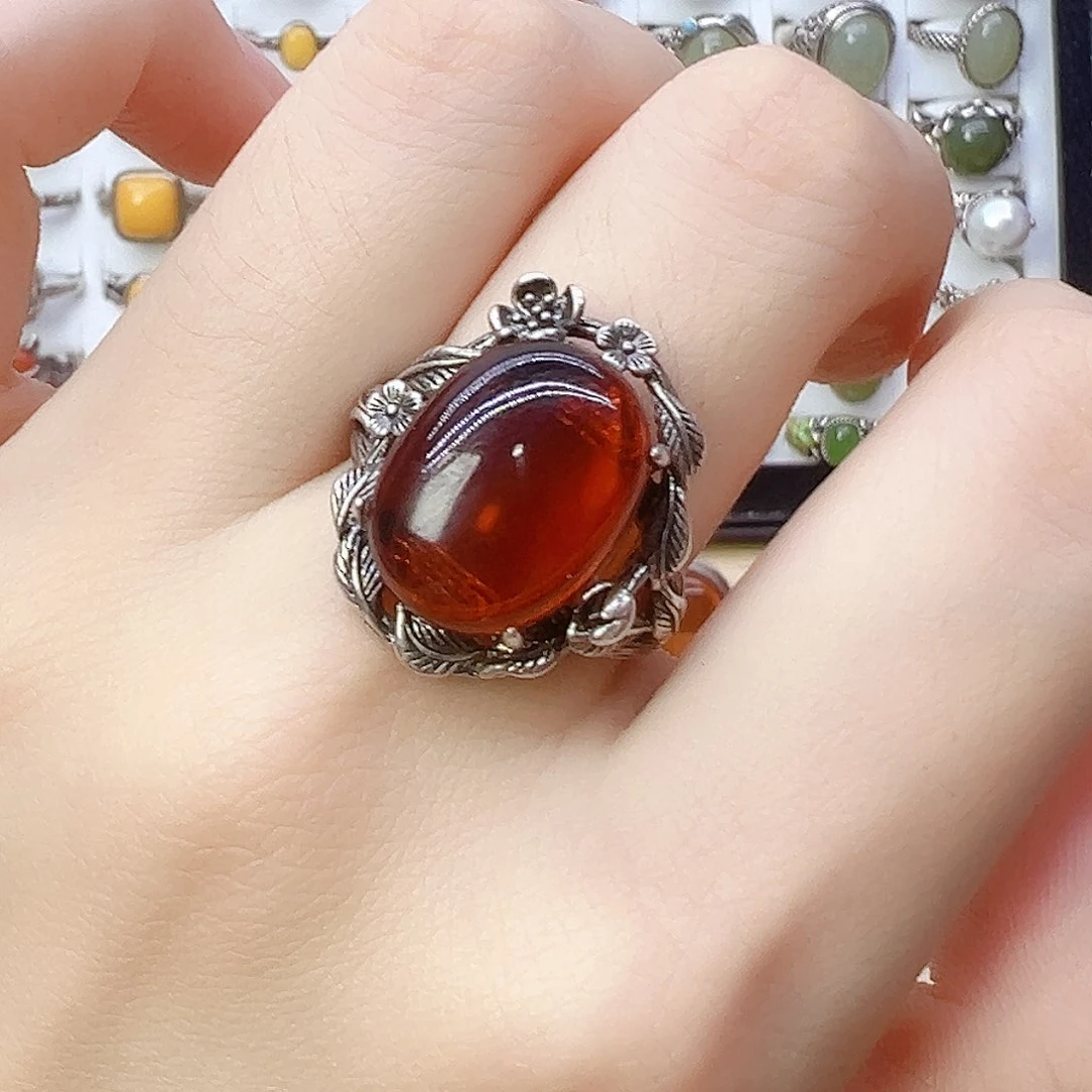血珀银S925镶嵌戒指，
