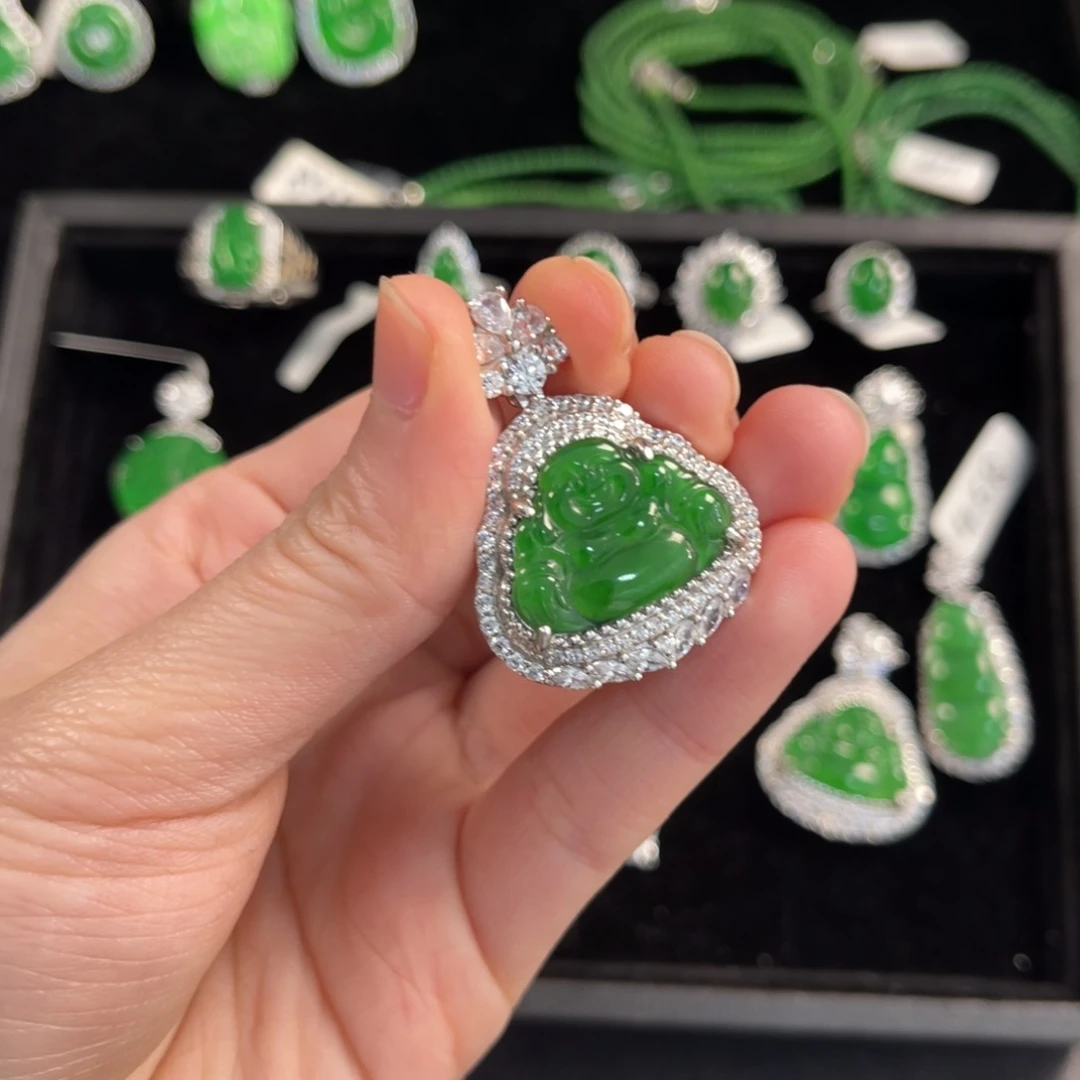 翡翠银S925镶嵌戒指佛公吊坠