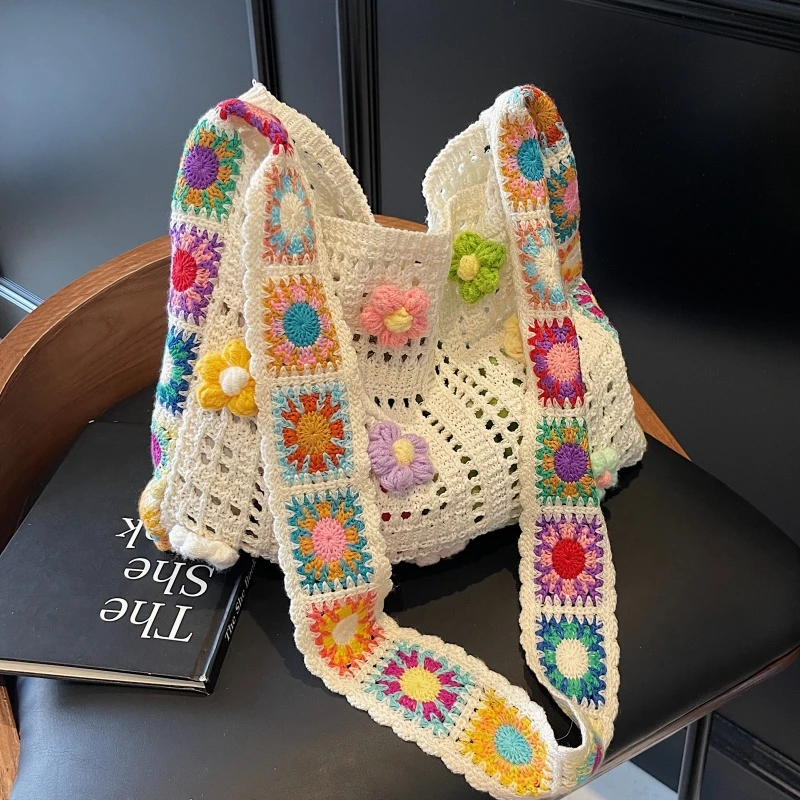 夏季民族风斜挎包包女2025新款花朵编织包袋度假大容量通勤托特包
