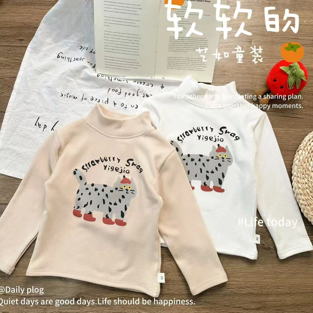 【慕斯羊绒】2025冬季上新韩系女童小猫字母半高领百搭打底衫D-h944