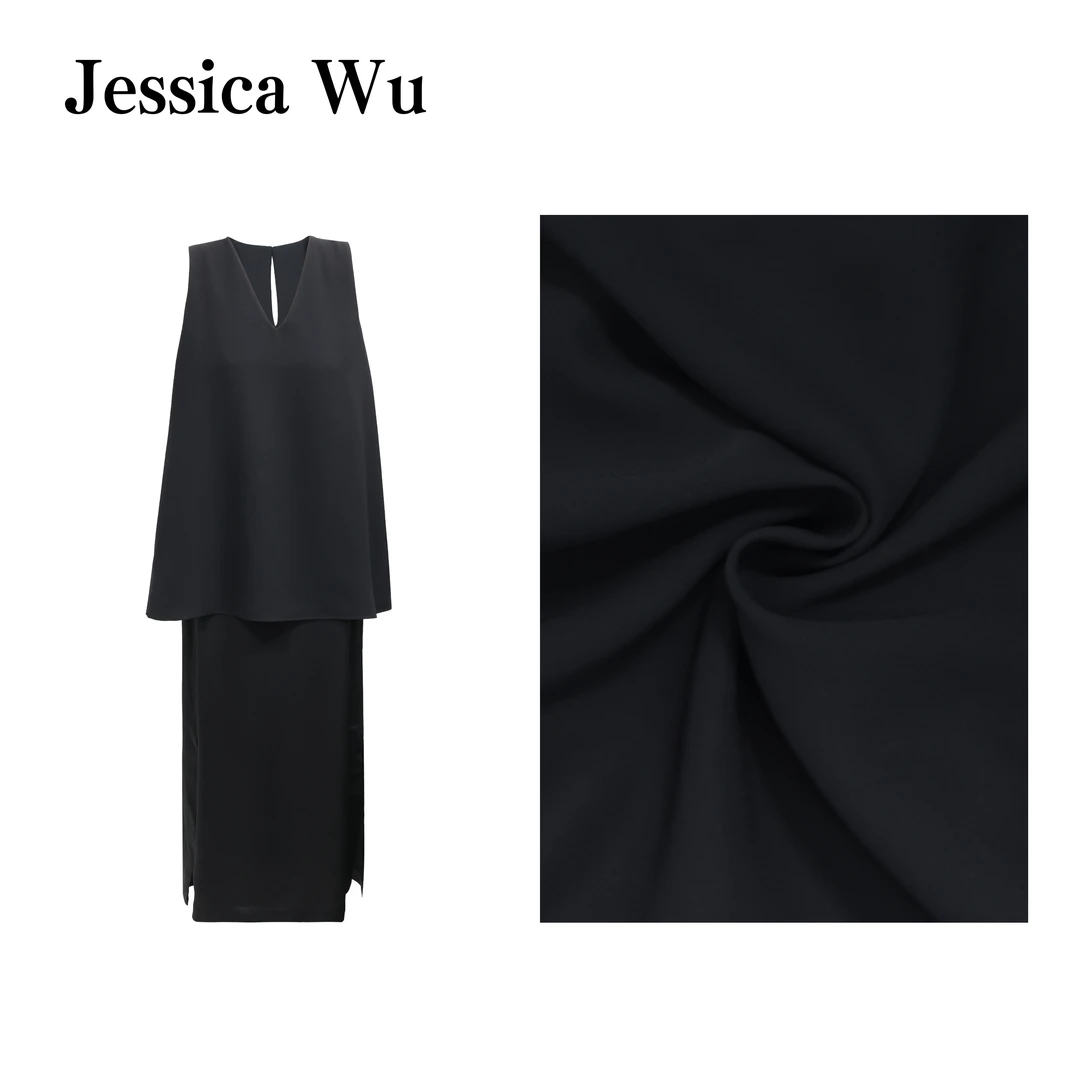 JESSICA WU极简时髦博主风~进口醋酸垂顺层次感休闲优雅连衣裙