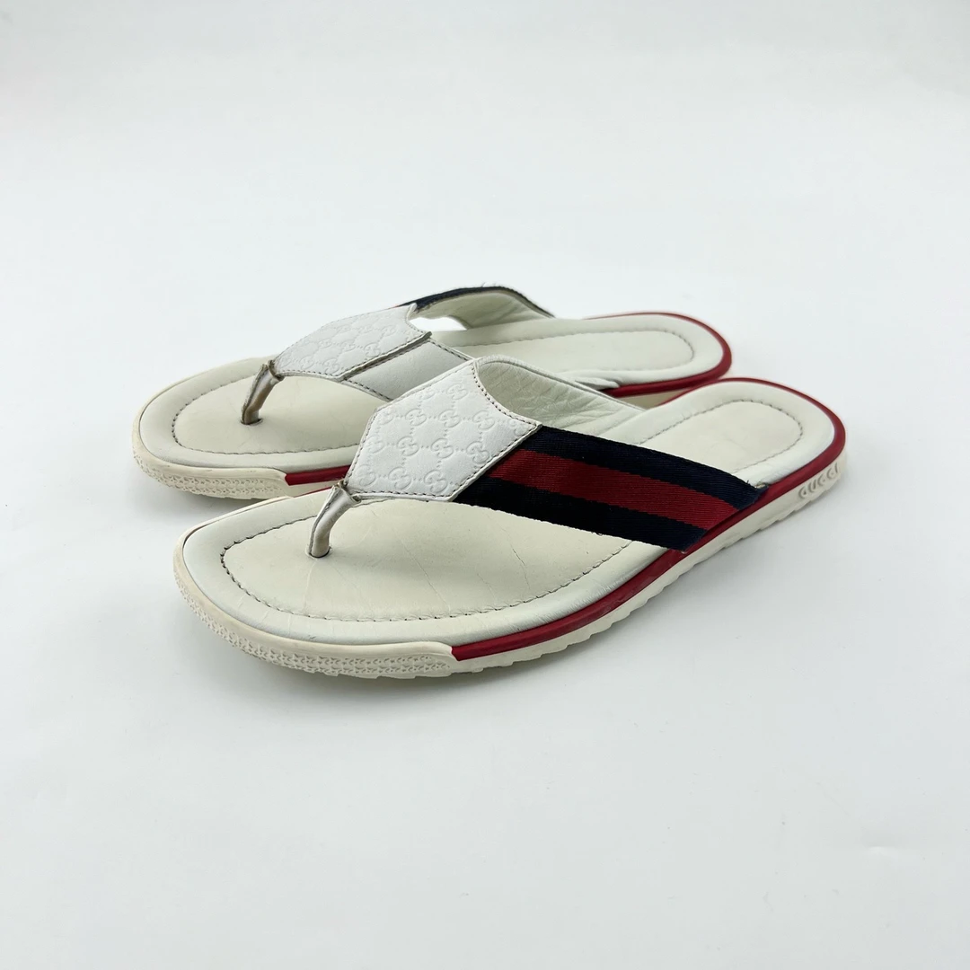 95新 GUCCI/古驰 40码/白色经典织带皮革夹趾拖鞋/13870488