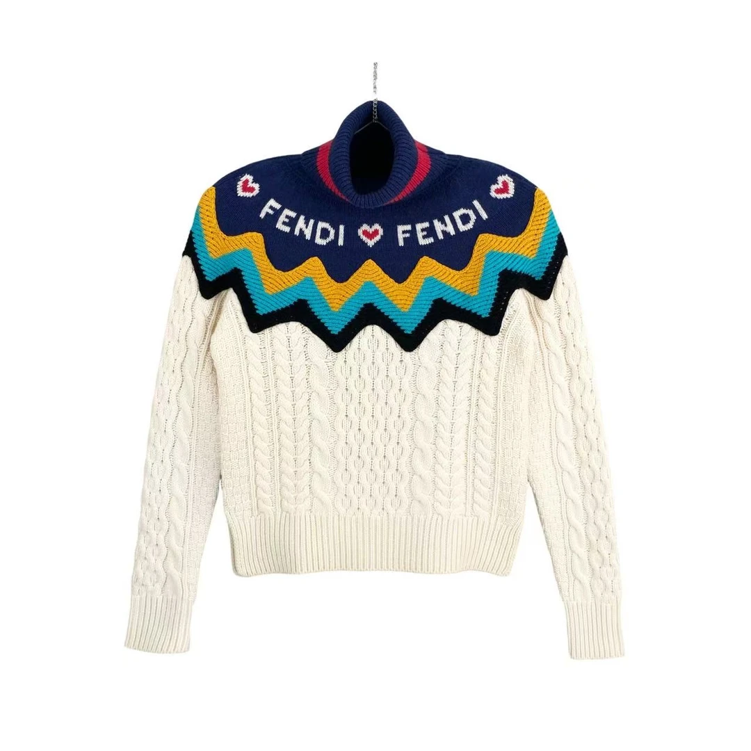 95新 FENDI/芬迪  cc516 羊毛 粗绞花针织高领长袖针织衫 38码