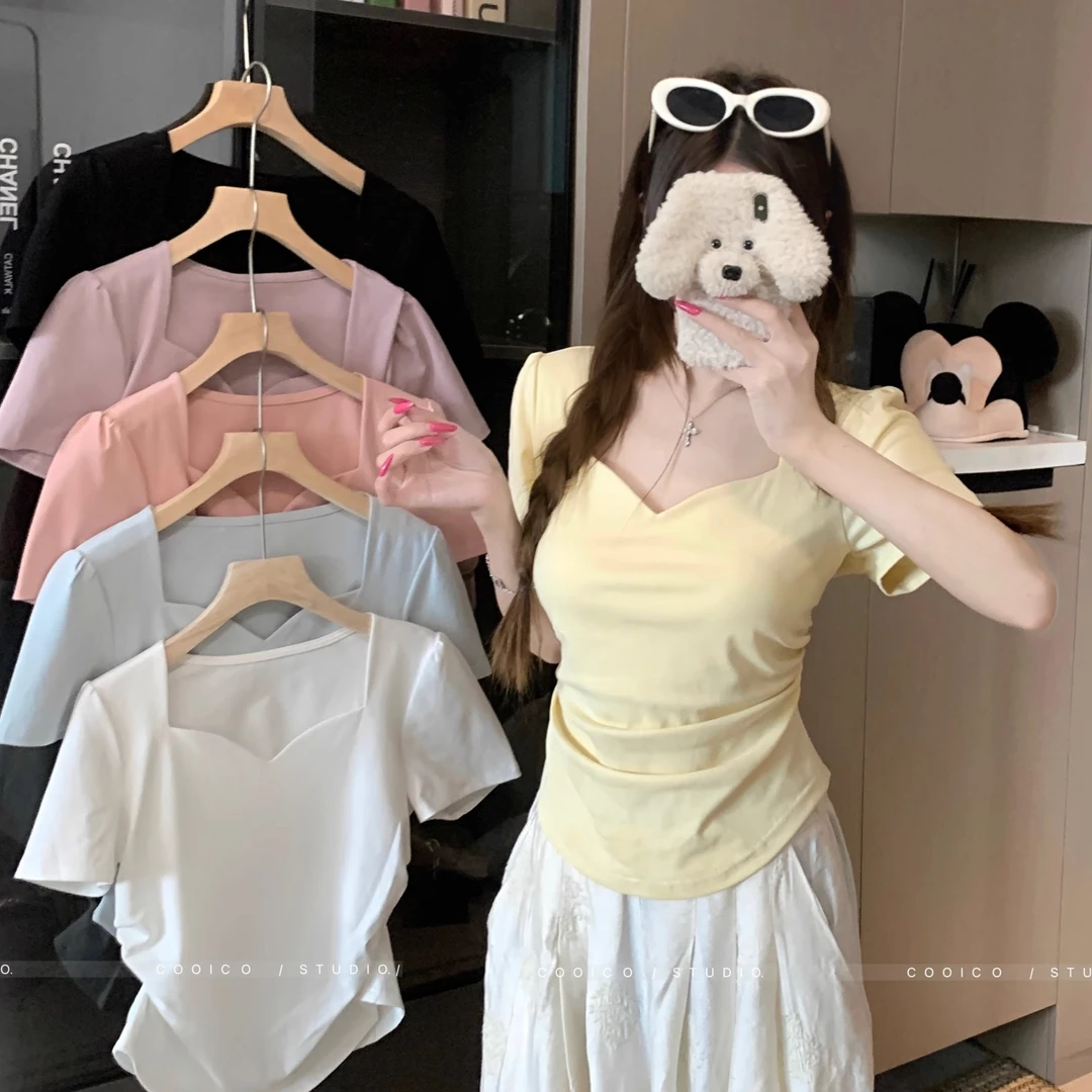 【888】桃心方领短袖t恤女装2025新款泡泡袖显瘦遮肚子藏肉上衣