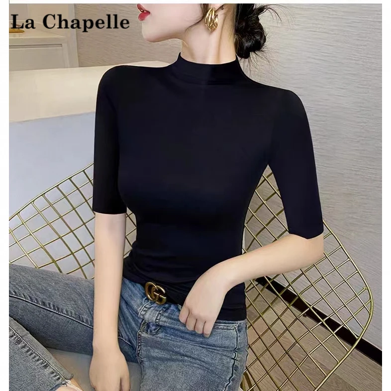 拉夏贝尔中袖半高领打底衫女大码内搭修身五分袖上衣潮