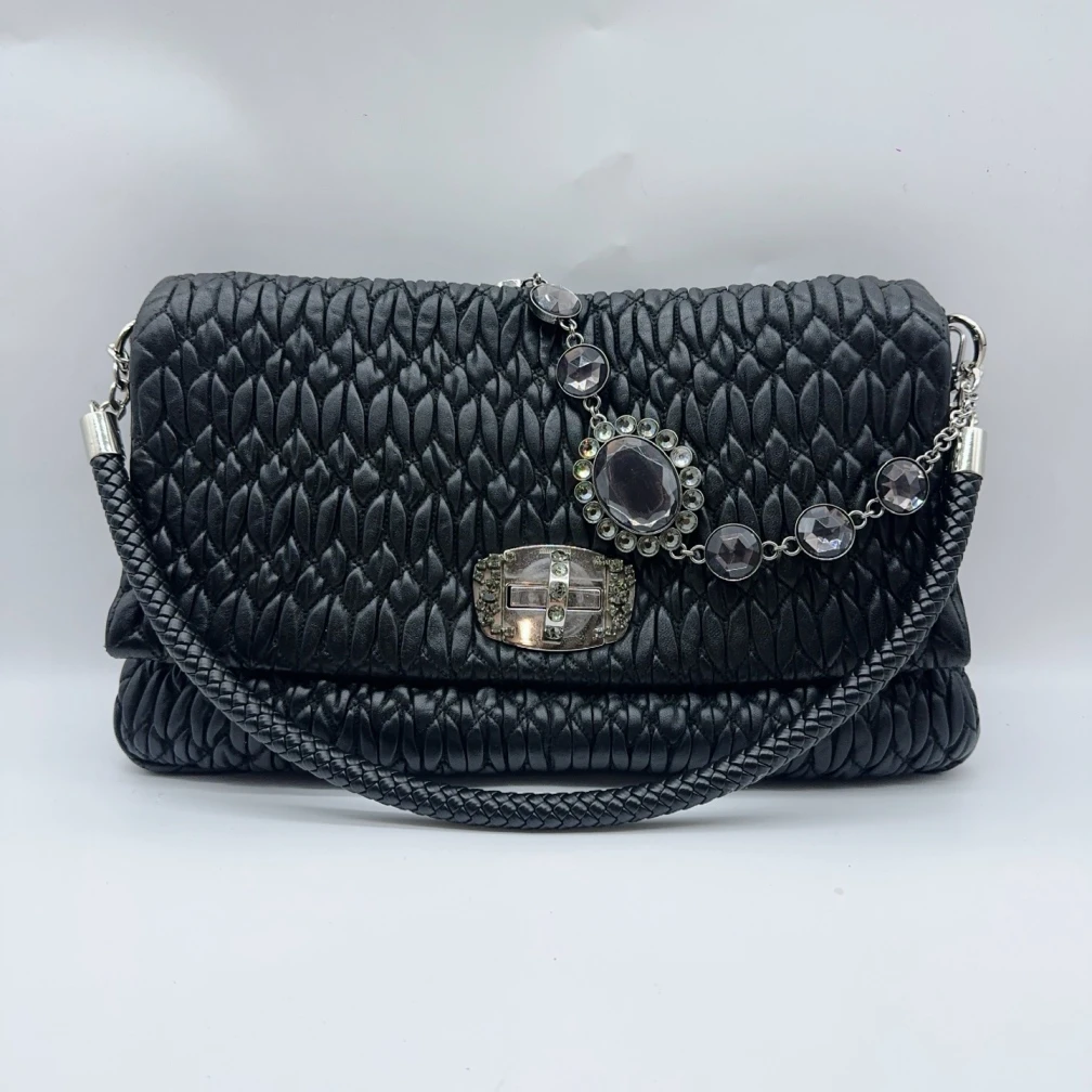 95新 MIU MIU/缪缪  黑色褶皱钻石链条包 1442 0025