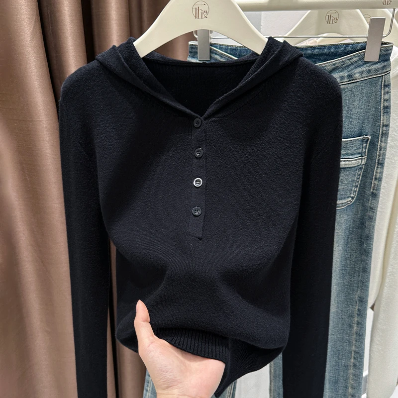 黑色套头长袖针织卫衣女2025新款超好看连帽韩版宽松小众气质上衣
