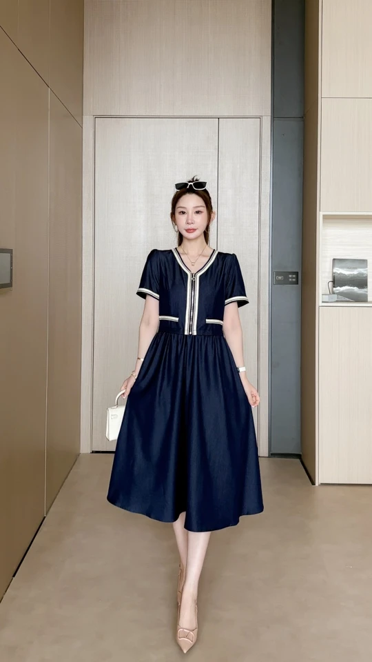 时尚气质修身显瘦中长款连衣裙减龄遮肚洋气女装