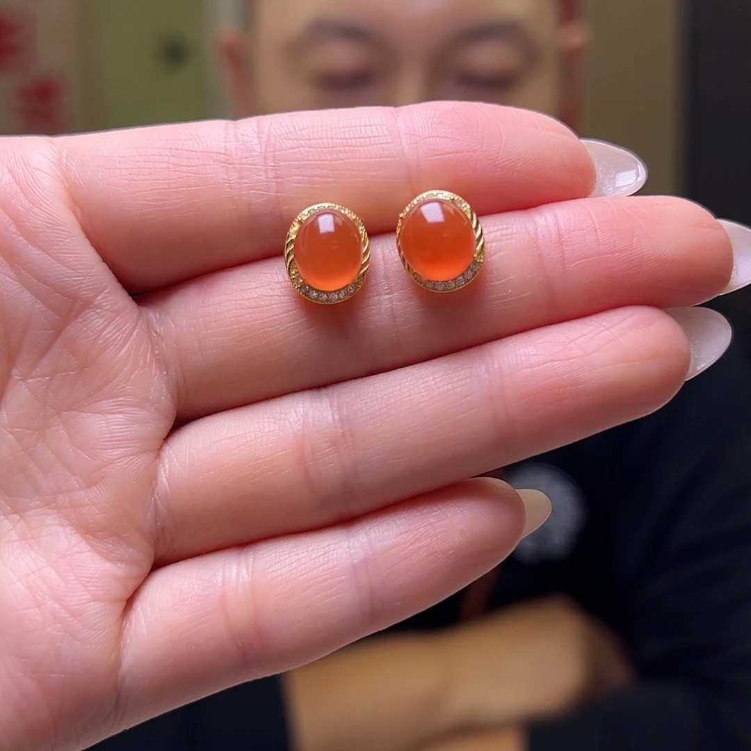 南红玛瑙银S925镶嵌耳钉耳钉