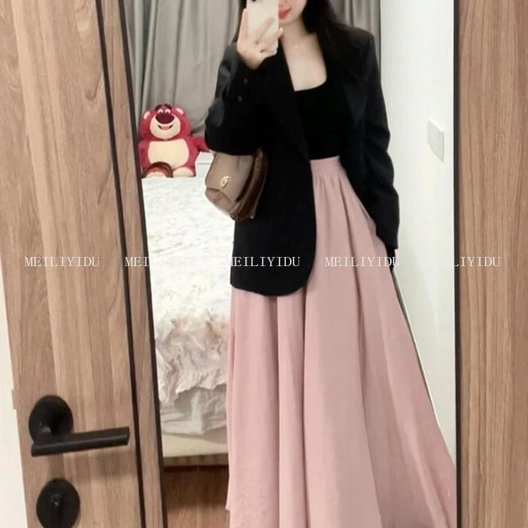 大码胖妹妹正肩西装外套高级感2025年春季高腰粉色a字半身裙套装
