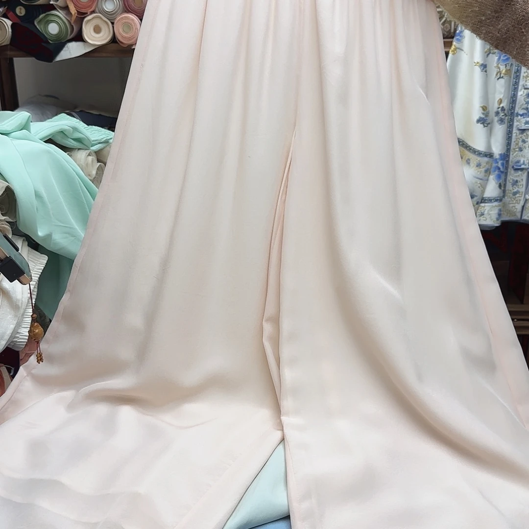 刺绣真丝阔腿裤浅粉色