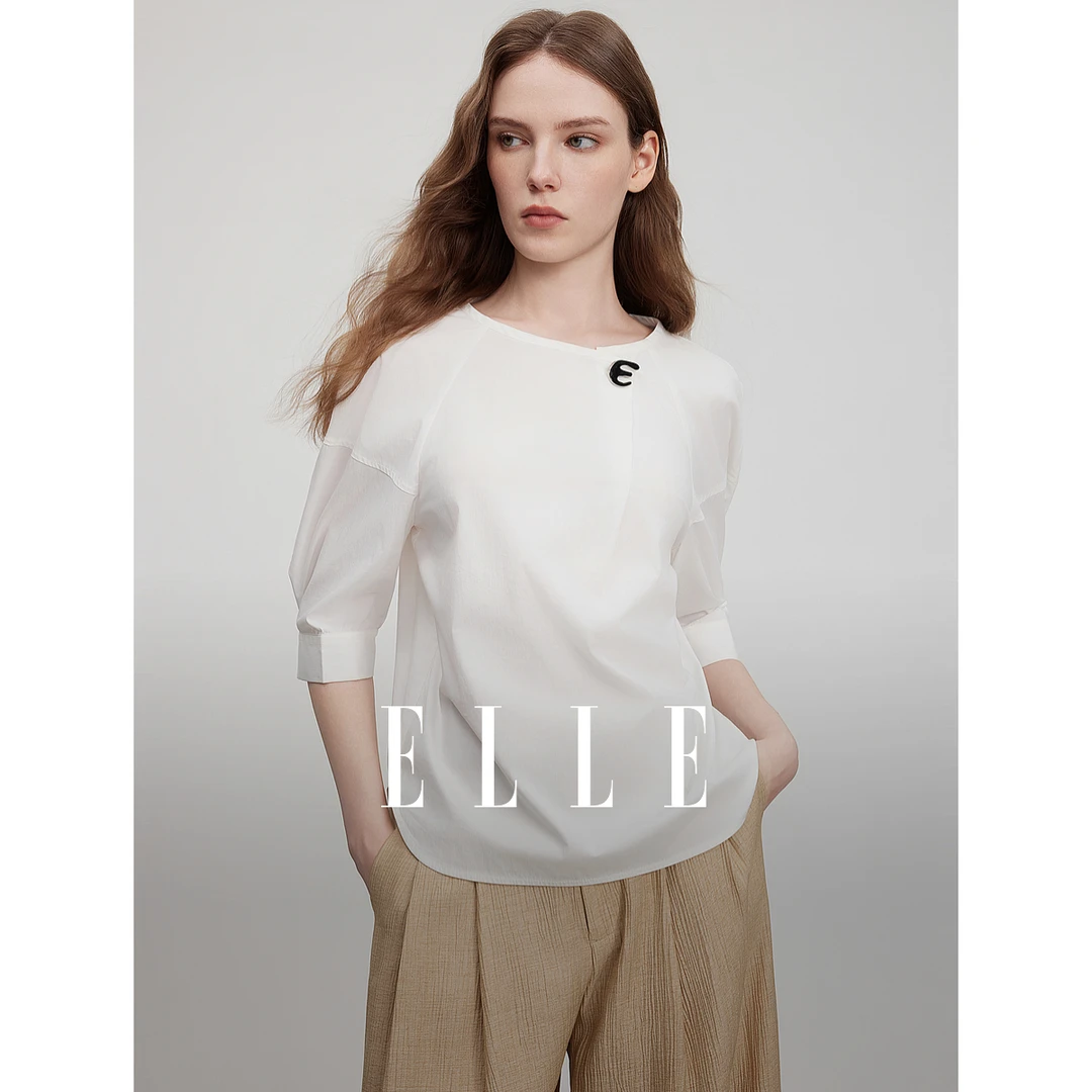 ELLE白色优雅宽松五分袖圆领衬衣女2025夏季新款通勤简约EM51451