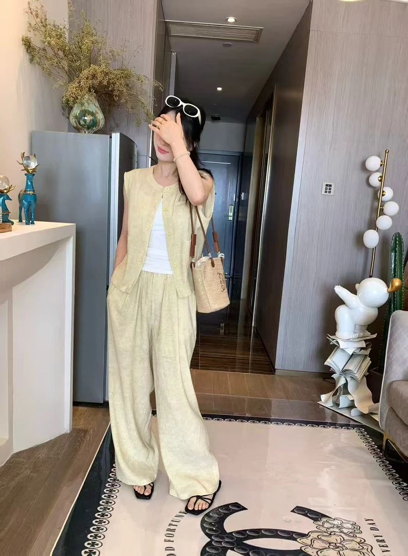 【钰姐精选】莲依50102-圆领排扣宽松气质名媛时尚套装休闲百搭夏季