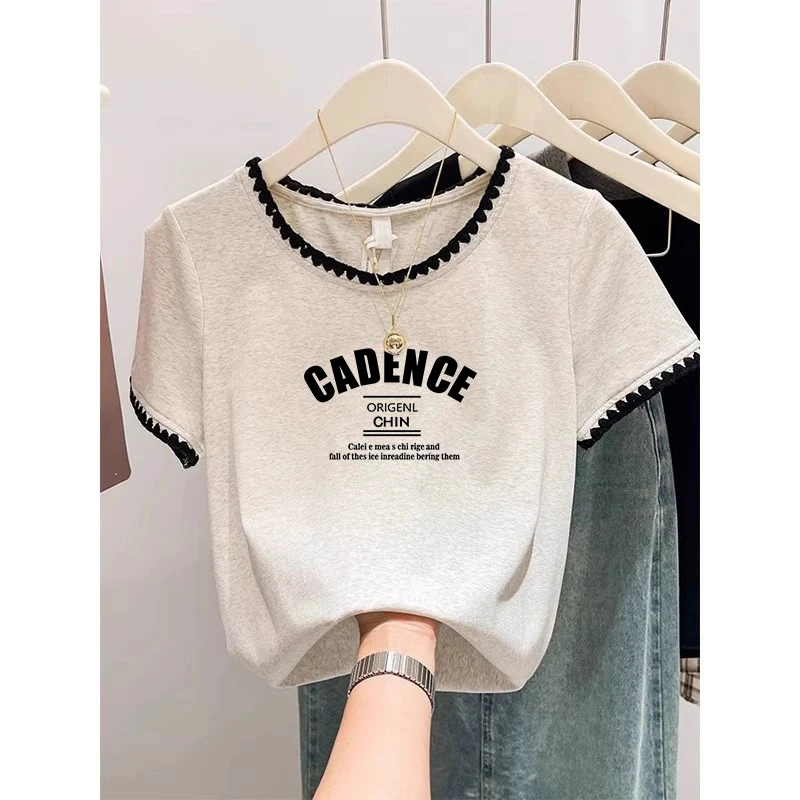 显瘦上衣法式复古休闲穿搭正肩短袖t恤女撞色设计感ins潮别致修身