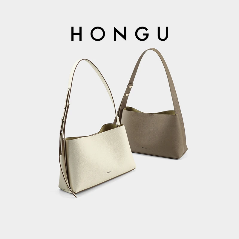 HONGU/红谷头层牛皮单肩斜挎包轻奢时尚百搭女士小众简约肩包
