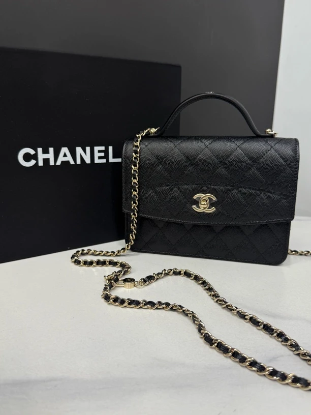 99新 Chanel/香奈儿 25C手柄黑金双肩包芯片18cm/JJ5020904