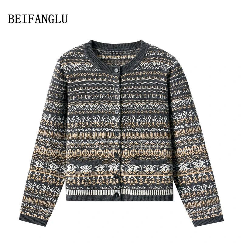 北方鹿【费尔岛提花开衫】100绵羊毛早秋新品圆领针织开衫女251093