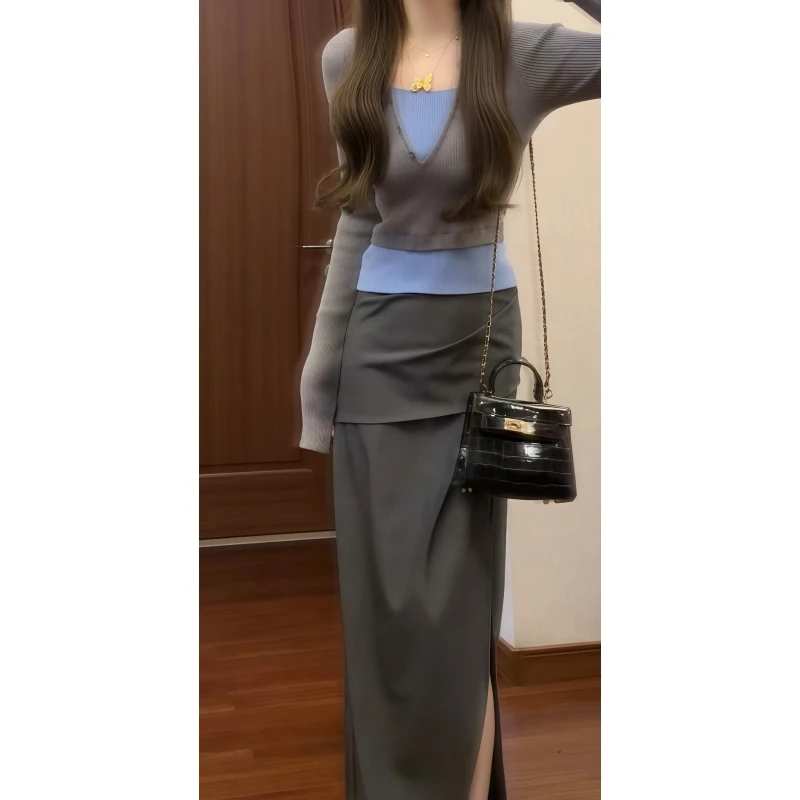 秋冬撞色拼接假两件V领针织衫内搭上衣&灰色开衩半裙套装裙89338