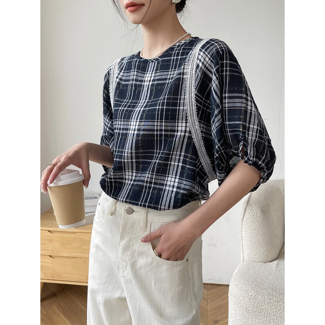 复古格子短袖女t恤夏季内搭打底衫泡泡袖宽松休闲五分袖薄款上衣