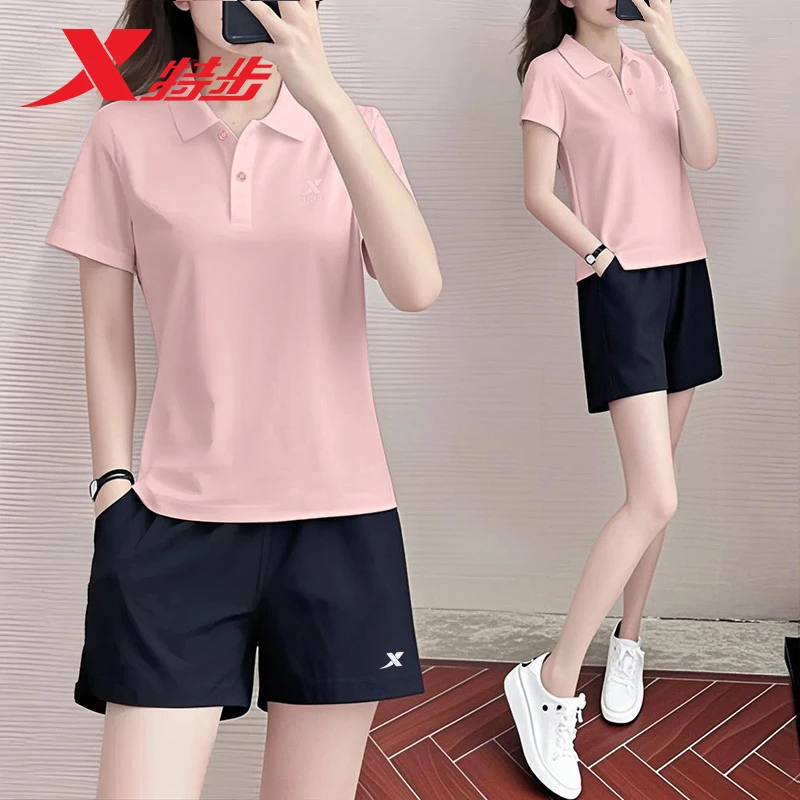特步运动套装女夏季官方正品女士polo短袖透气休闲五分裤跑步服女