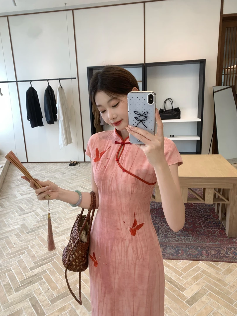 EIA一尧新中式国风【晓梦蝶】气质温柔亚麻旗袍连衣裙蝴蝶刺绣显瘦