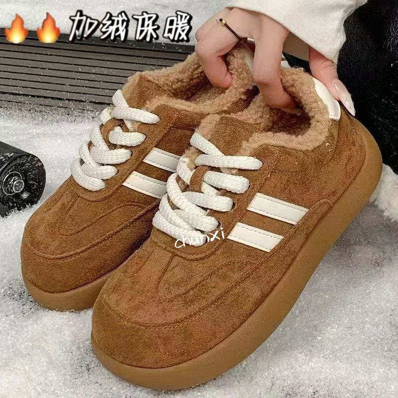 加绒厚底大头面包鞋女2025秋冬新款保暖百搭德训板鞋丑萌休闲棉鞋