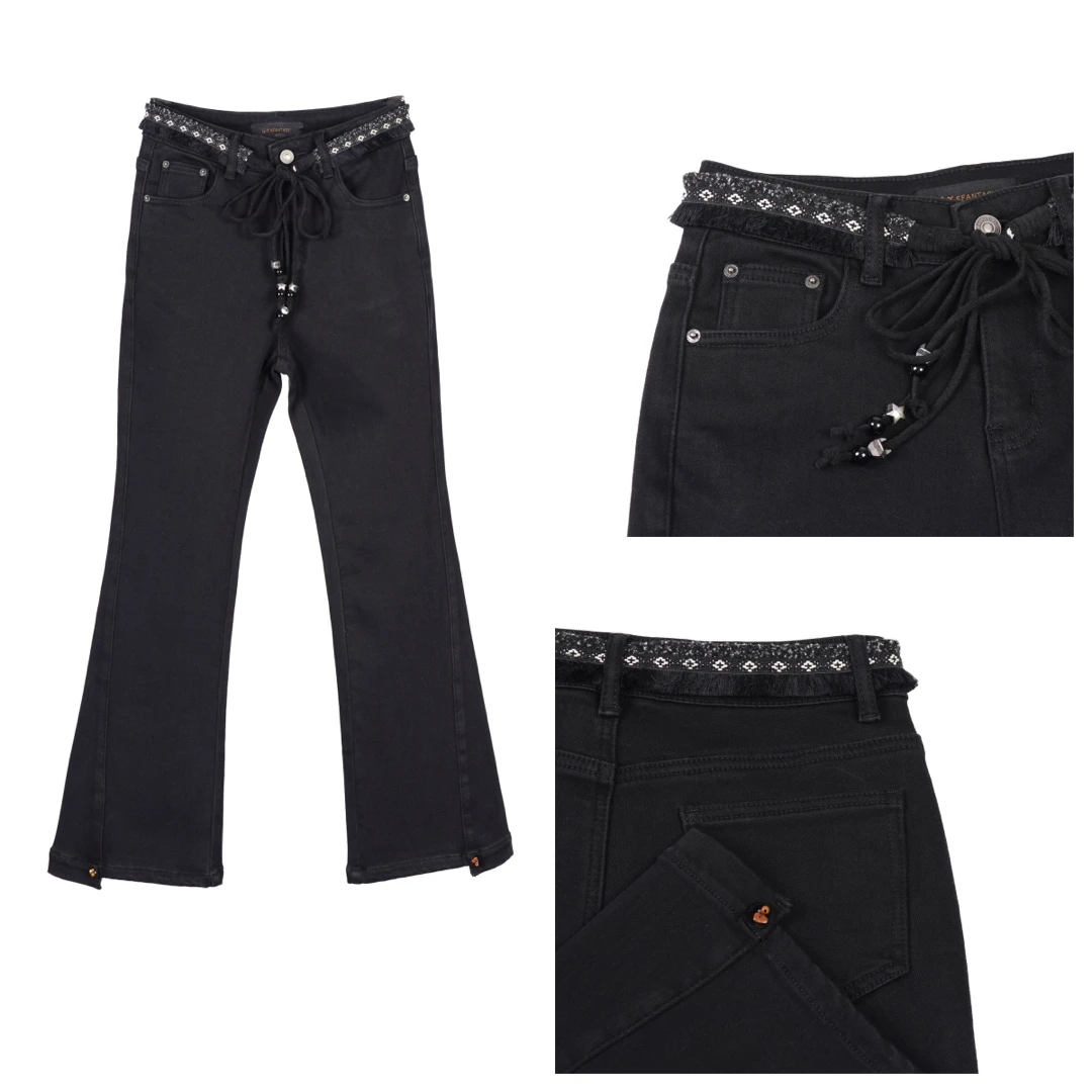 伊伊.189#高货小春秋冬款加绒黑色高腰9分微喇牛仔裤显瘦百搭